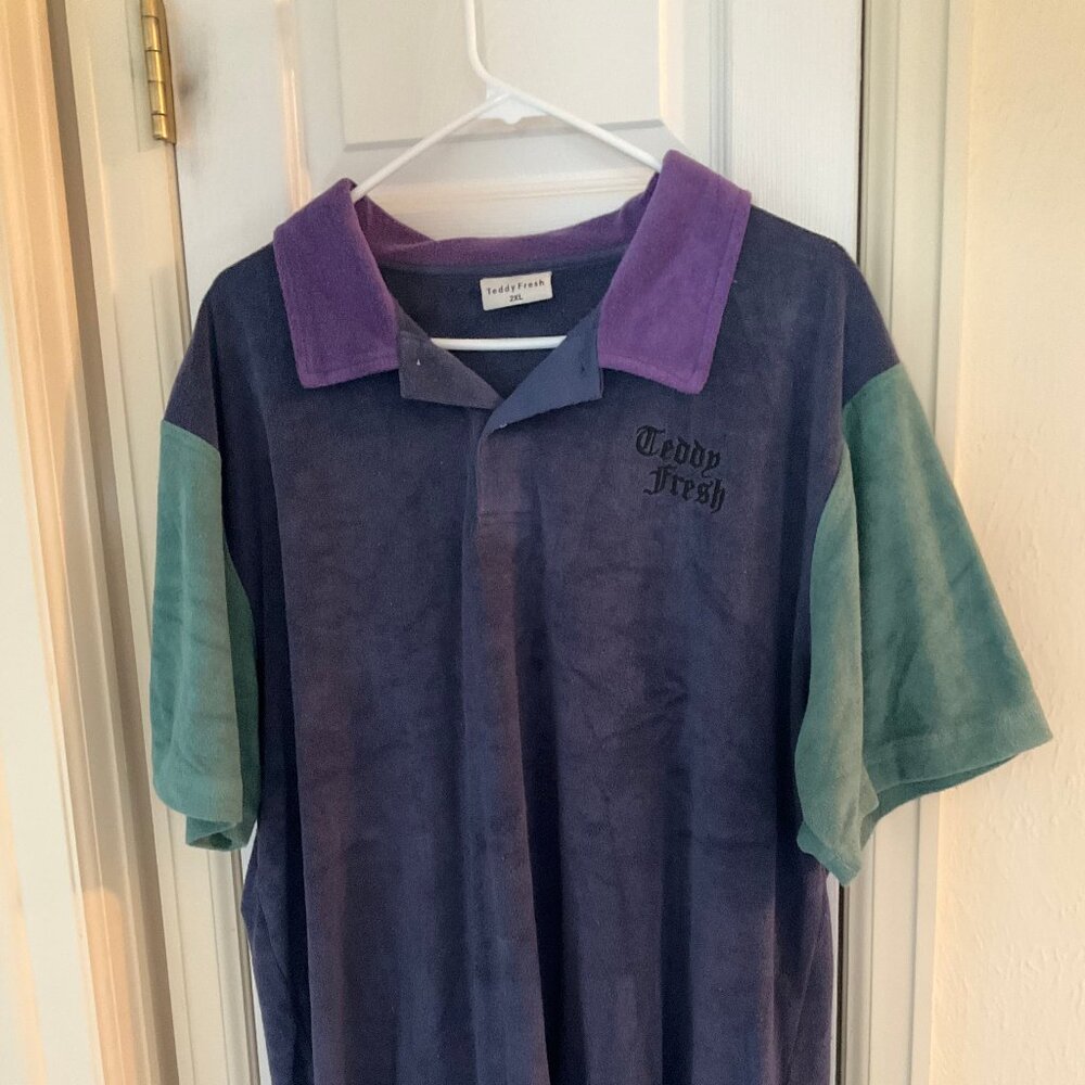 Teddy Fresh Mens Plush Polo / Green/Purple/Blue colorblock / Great condition!
